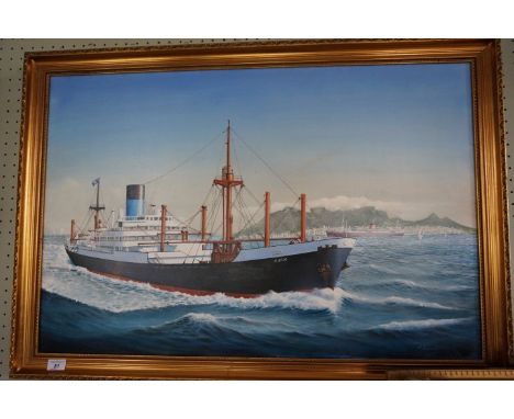 John Shimmin oil on canvas, depicting a funnel vessel C. K. V. Ajax passing Capetown circa 1965.