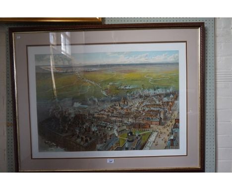 A lithograph print depicting Manchester and the ship canal.