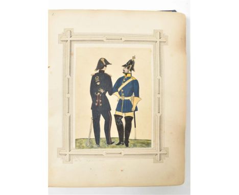 N.pl. (Stockhom?), n.publ., n.d. (ca. 1900?). Rare album w. 89 orig. col. gouaches; each gouache w. 2 views of the uniforms. 