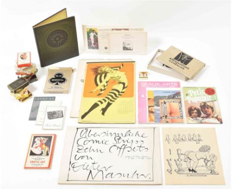 Ca. 1950-90. Incl. a.o.: (1) Twelve sets of erotic playing cards. (2) Two pin-up calendars, 1970/ 73. Both approx. 42 x 30 cm