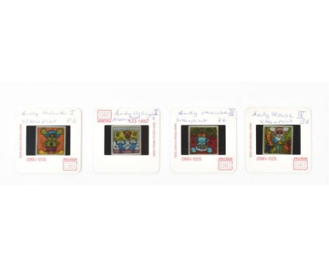 (1) Four colour slides featuring Andy Mouse screenprints, 1986. (2) Postcard promoting Keith Haring's Bad Boys portfolio publ