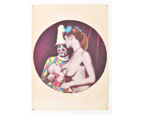 Ca. 1977. Silkscreen, 70 x 50 cm. Depicts Veldhoen as Pierrot w. Christi (Kluivers) and their child, born in 1977. Inscribed 