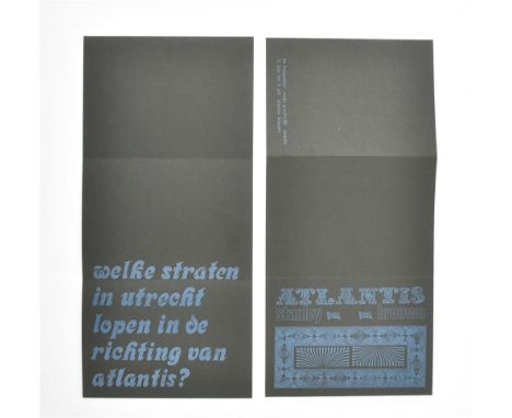 Announcement card consisting of two black sheets, with silkscreen printed text in blue, 33 x 16 cm, folded in 3. Rare card in