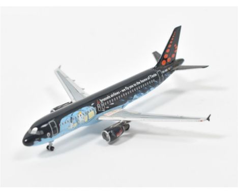 1:100 scale model of a Brussels Airlines Airbus A320 plane dec. w. Tintin figures. Polychrome resin, 38 x 34 cm, 2015. No. 76