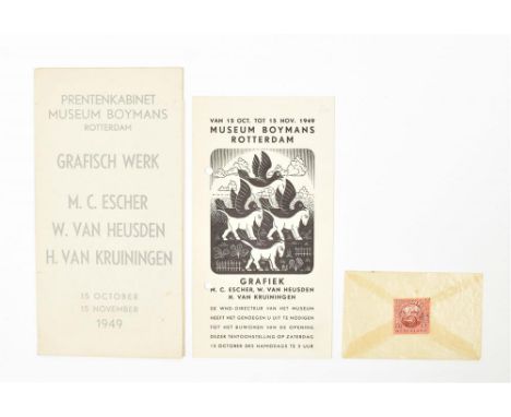 Wood engr., on leaflet 'Van 15 oct. tot 15 nov. 1949 Museum Boymans Rotterdam. Grafiek M.C. Escher, W. van Heusden, H. van Kr