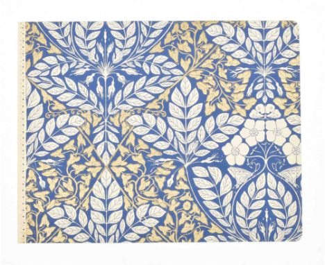 Art deco floral wallpaper designed in blue, white and yellow. Stamp verso 'De Wilde Roos. Hollandsch ontwerp T. Nieuwenhuis n