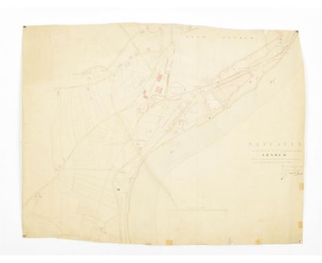 Manuscript handcol. map, fold. leaf of 60 x 77 cm, depicting 'Situatie van het terrein in de nabyheid der Stad Arnhem Waarop 