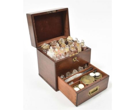 Mid 19th cent., wooden box w. brass handles and drawer, w. 20 (partially filled) glass bottles of var. sizes, w. scale and we