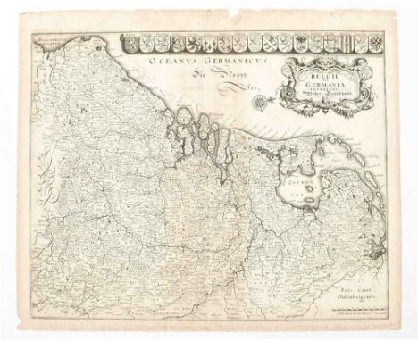 Frankfurt, M. Merian, ca. 1635. Copper engr., 29 x 36 cm, cartouche w. title, coats of arms of XVII Provinces on top. (2) Nae