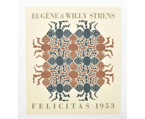 Aarde, nieuwjaarswens 1953. (Earth, New Year's greeting card 1953). 2 col. (black and orange) prints, w. letterpress "Felicit