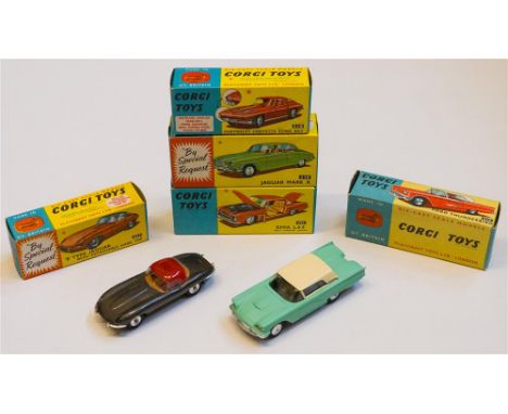 No. 307. Die-cast scale model. Corgi, ca. 1964. Scale 1:43. (2) GHIA L. 6.4. No. 241. (3) Ford Thunderbird no. 214. (4) Chevr