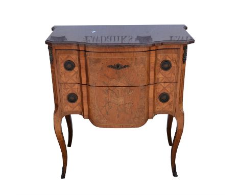 A French transitional taste commode, late 19th/20th Century, with red marble top. above two drawers, inlaid with panels of mu
