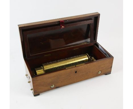 Swiss mahogany musical box, early/mid19th Century, with brass cylinder and steel comb movement, the cylinder 19.5cm long, wit