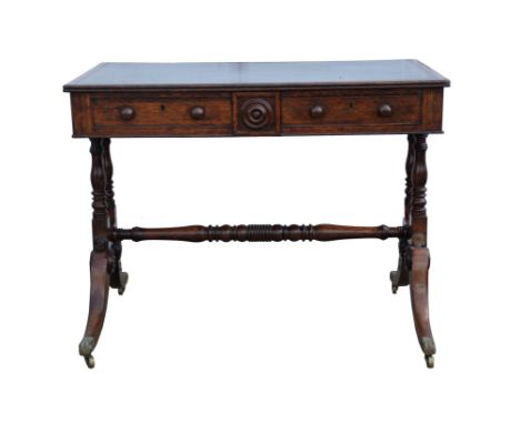 Victorian oak and elm sofa table, the rectangular top inset with tooled leather surface, above two frieze drawers, on turned 