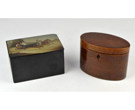 Russian tea caddy the hinged cover painted with figures together with an oval tea caddy