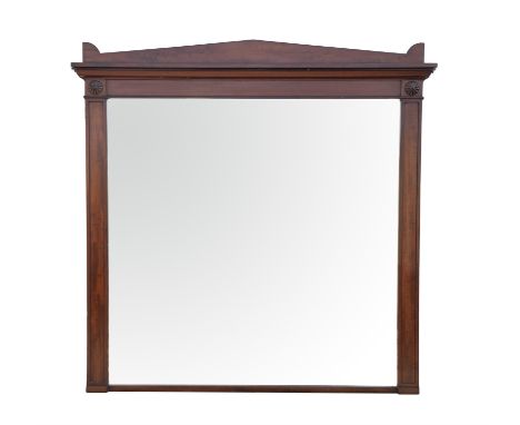 19th century mahogany over-mantle mirror, architectural top over two rosettes, W132 x H131cms