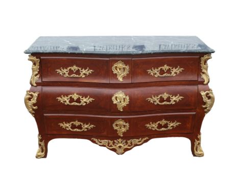 French Louis XVI style crossbanded and gilt metal mounted bombe commode, the green marble serpentine top over two short and t