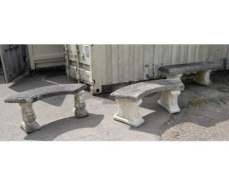 Reconstituted stone bench, 20th Century, with semi circular seat, on moulded supports, 43cm high x 125cm wide x 36cm deep, to