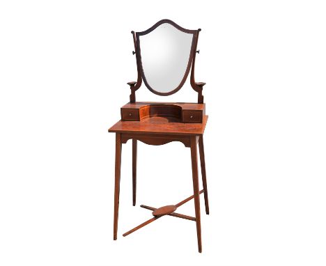 Edwardian mahogany wash stand with shield shaped mirror over two small drawers, W61 x D44 x H150cms