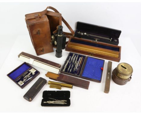 Surveyors level by E.R. Watts & Son, London in leather case, brass drum sextant by Troughton & Sims, leather case marked for 