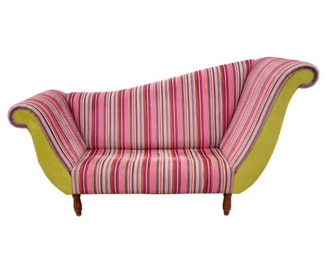 UNKNOWN DESIGNER, scrolling sofa, upholstered in multi-coloured striped fabric, on turned wooden legs, 116cm high x 212cm wid