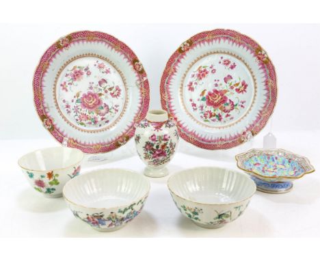 Three famille rose bowls, including one with a Guangxu four-character mark; a pair of famille rose dishes 23 cm diameter; a f