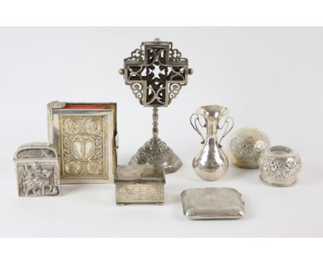 Small Greek silver box, small hammered Greek silver vase, pair of white metal reliquary pots, hinged box, a white metal and w