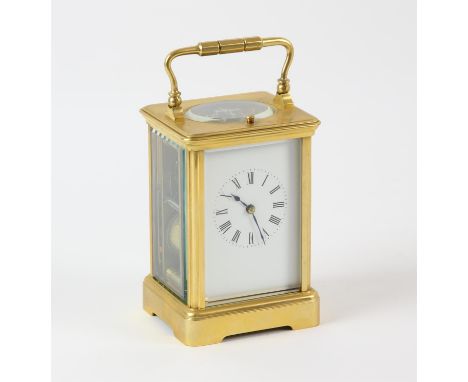 A French repeating brass carriage clock, late 19th Century, with white enamel dial with Roman numeral chapter ring, stamped t