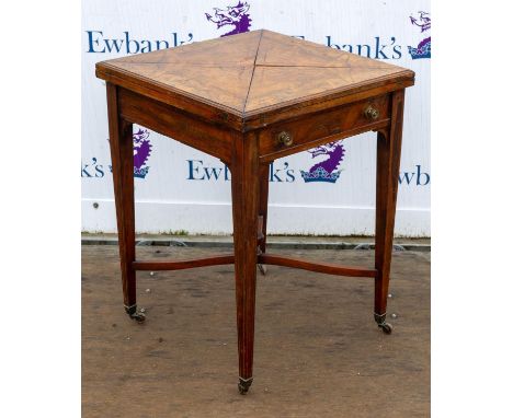 Edwardian rosewood and line inlaid envelope card table, with purple baize and tooled leather playing surface, on square taper