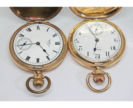 Two gold plated Waltham full hunter pocket watches, circa 1919 &amp; 1914, the first having Arabic numerals to a signed white