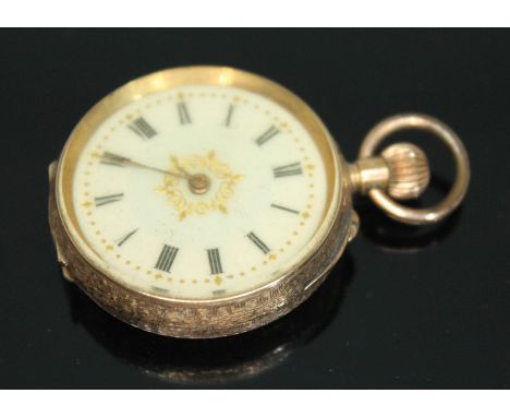 A late 19th/early 20th century Swiss 14ct gold ladies pocket watch having white enamel dial with Roman numerals, finely engra