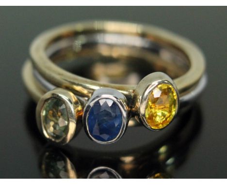 A multi-functional three part green, yellow and blue sapphire ring, two gold plated, all marked '925', size R/S.  