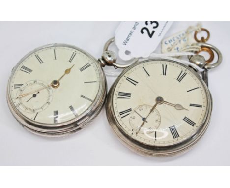 Two Victorian hallmarked silver key wind open faced fusee pocket watches, both with unsigned white enamel dials having Roman 