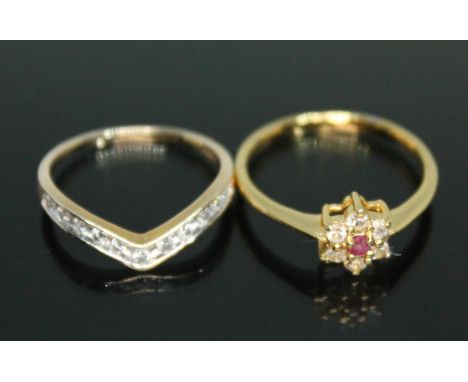 A hallmarked 9ct gold diamond wishbone ring wt. 1.79g size Q, together with a yellow metal cluster ring wt. 1.66g size S.  
