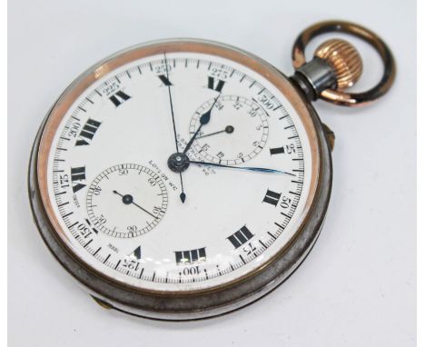 An early 20th century S. Smith &amp; Son (Smiths) gun metal cased chronograph centre seconds open face pocket watch with sign