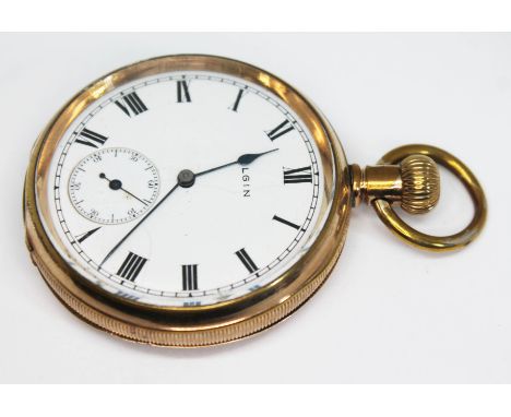 A gold plated Elgin open face pocket watch, circa 1914, the signed white enamel dial having Roman numerals, spade &amp; baton