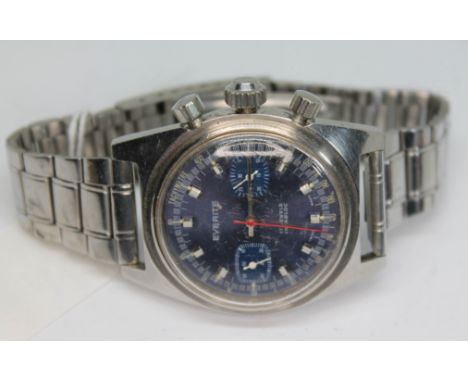 A 1970s stainless steel Everett chronograph wristwatch with signed blue dial having silver tone hands and hour markers inset 