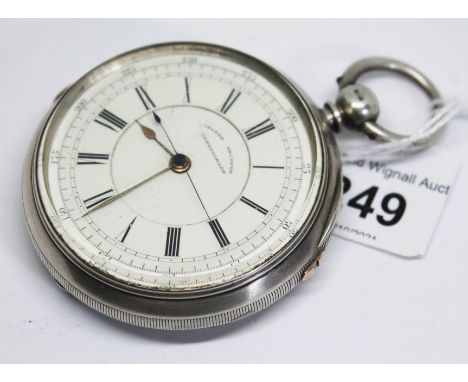 A Victorian hallmarked silver open faced centre seconds chronograph key wind pocket watch having white enamel dial with Roman