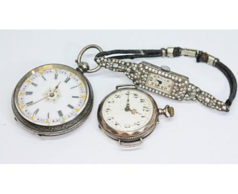 Three early 20th century continental silver watches comprising a ladies cocktail watch marked '.925' with import duty marks, 