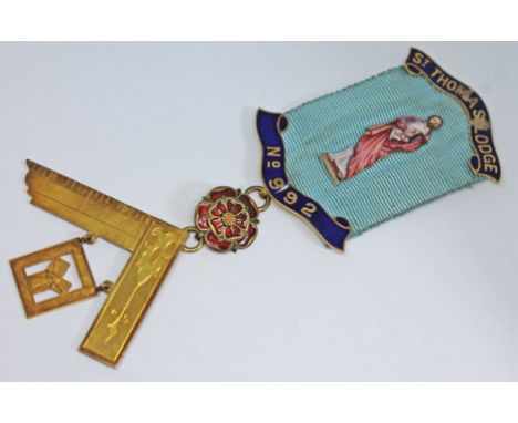 A 15ct gold and enamel Masonic masonic medal, grpss wt. 23.21g.  All pieces marked '15.625' accept the enamelled figure depic