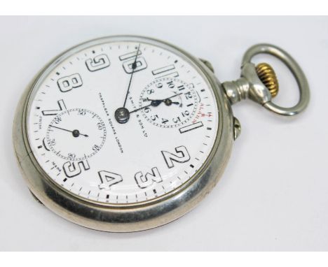 A 1920s/30s chrome plated Zenith/S. Smith &amp; Son, London (Smiths) open faced alarm pocket watch having signed white enamel