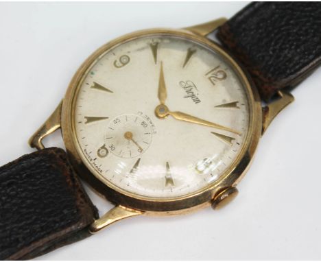 A vintage hallmarked 9ct gold Trojan wristwatch having signed champagne dial with Arabic numerals and hour indices, seconds s