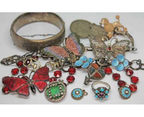 A mixed lot of silver and white metal jewellery including three enamel butterfly brooches etc.  