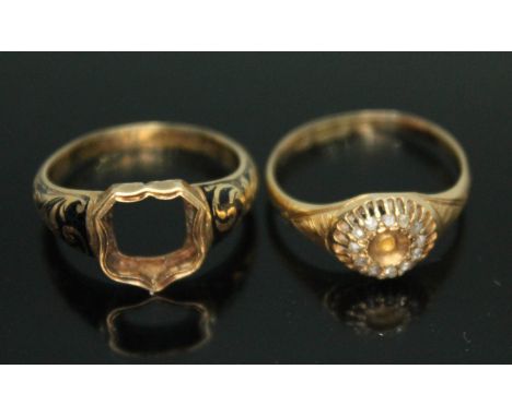 A Victorian hallmarked 18ct gold ring (missing seal) wt.1.81g size L, and a 15ct gold diamond ring (missing central stone and