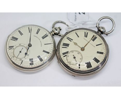 Two Victorian hallmarked silver open faced key wind fusee pocket watches, both having white enamel dials signed 'Improved Pat