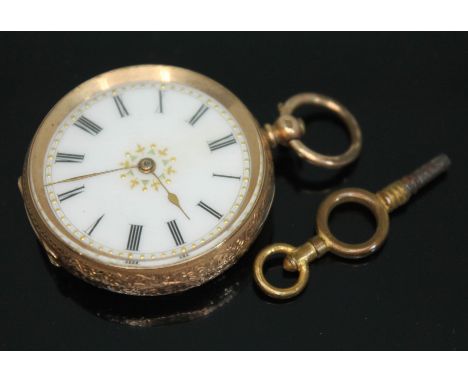 A continental 14ct gold ladies key wind pocket watch having white enamel dial with Roman numerals and gilded decoration, 35mm