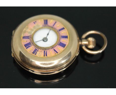 A continental 14ct gold half hunter ladies pocket watch having white enamel dial with Roman numerals, the 30mm case marked '1