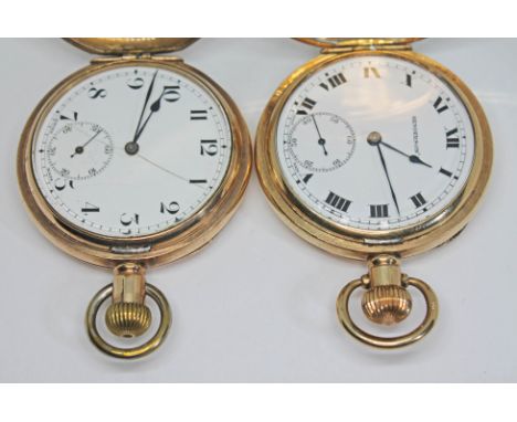 Two gold plated full hunter pocket watches comprising a Zenith with unsigned white enamel dial having Arabic numerals, togeth