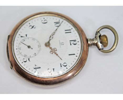 An early 20th century silver and gold plated cased Omega pocket watch circa 1912, the signed white enamel dial having Arabic 