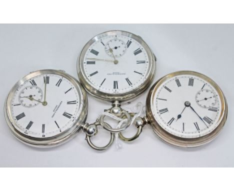 Three antique open faced key wind pocket watches comprising two Swiss silver cased Fattorini &amp; Sons with signed dials, 52